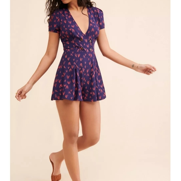 Navy Blue Romper with Red Heart Print - Picture 1 of 12